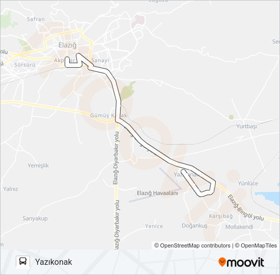 YAZIKONAK BELEDİYESİ-MERKEZ otobüs Hattı Haritası
