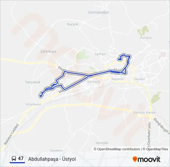 47 otobüs Hattı Haritası
