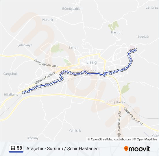58 otobüs Hattı Haritası