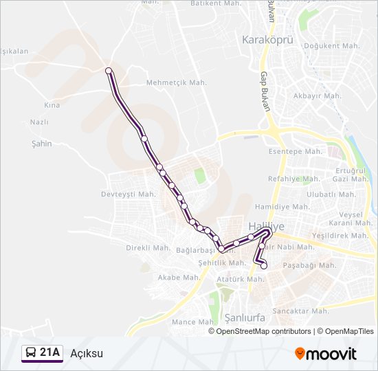 21A otobüs Hattı Haritası