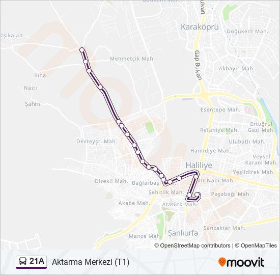 21A otobüs Hattı Haritası