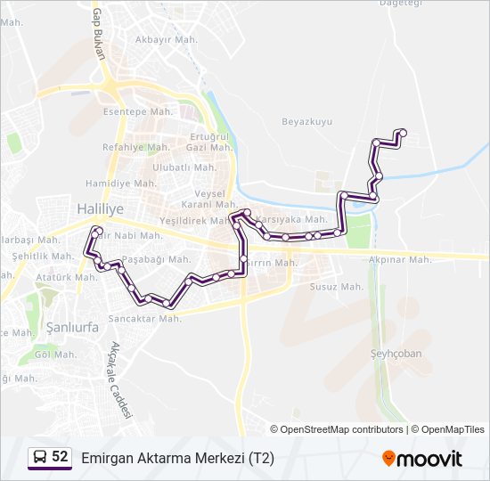 52 otobüs Hattı Haritası