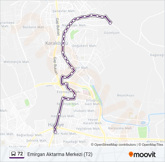 72 otobüs Hattı Haritası