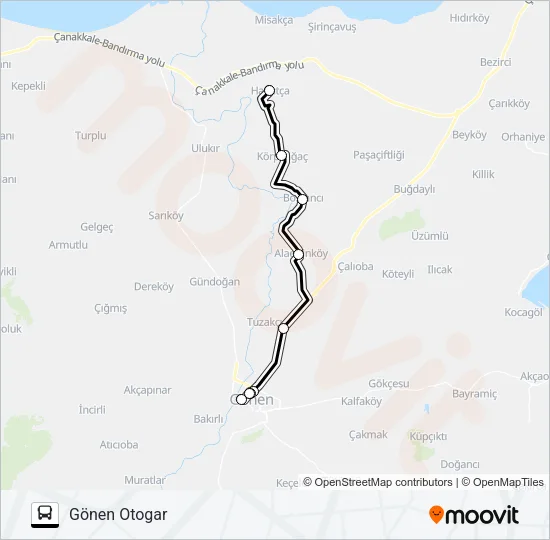 GÖNEN - ALAETTIN - BOSTANCI - KÖRPEAĞAÇ - HAVUTÇA Bus Line Map