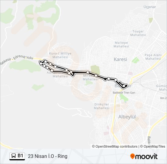 B1 otobüs Hattı Haritası