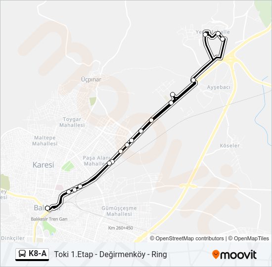 K8-A otobüs Hattı Haritası
