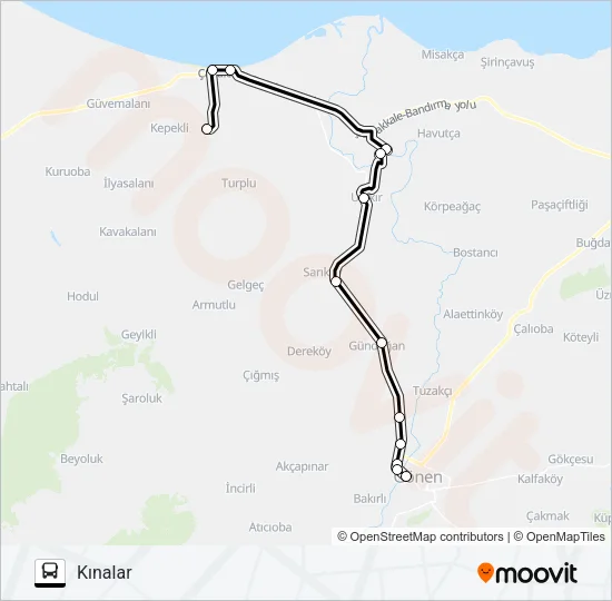 GÖNEN - ULUKIR - GEBEÇINAR - DENIZKENT - KINALAR Bus Line Map