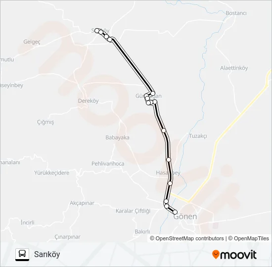 SARIKÖY - GÜNDOĞAN - GÖNEN Bus Line Map