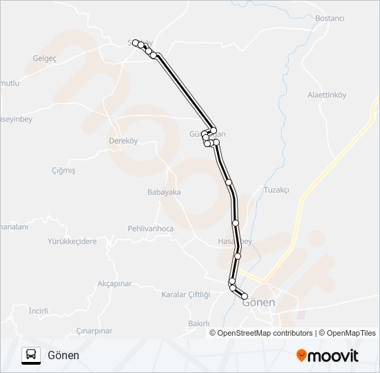 SARIKÖY - GÜNDOĞAN - GÖNEN otobüs Hattı Haritası