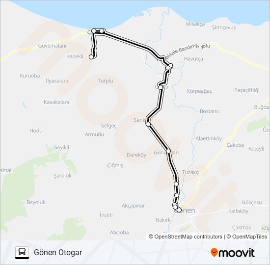 GÖNEN - ULUKIR - GEBEÇINAR - DENİZKENT - KINALAR otobüs Hattı Haritası
