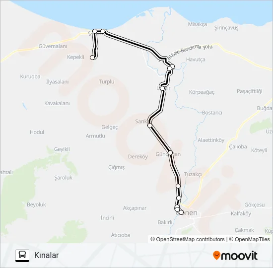 GÖNEN - ULUKIR - GEBEÇINAR - DENİZKENT - KINALAR Bus Line Map