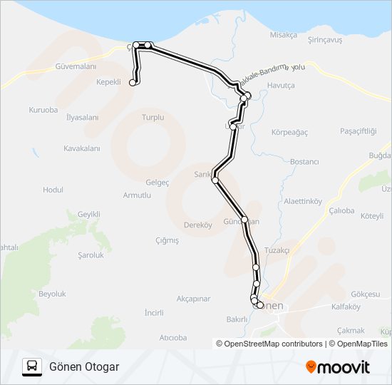 GÖNEN - ULUKIR - GEBEÇINAR - DENİZKENT - KINALAR bus Line Map