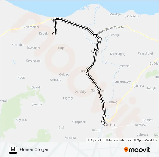 GÖNEN - ULUKIR - GEBEÇINAR - DENİZKENT - KINALAR Bus Line Map