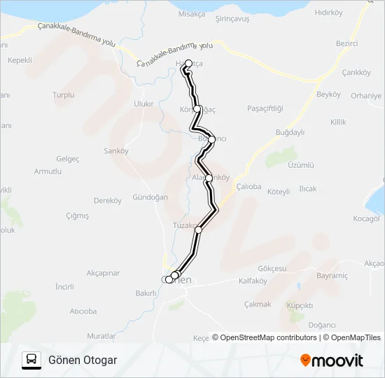 GÖNEN - ALAETTİN - BOSTANCI - KÖRPEAĞAÇ - HAVUTÇA Bus Line Map