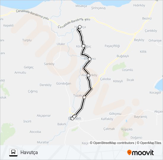 GÖNEN - ALAETTİN - BOSTANCI - KÖRPEAĞAÇ - HAVUTÇA bus Line Map