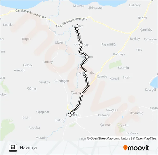 GÖNEN - ALAETTİN - BOSTANCI - KÖRPEAĞAÇ - HAVUTÇA Bus Line Map