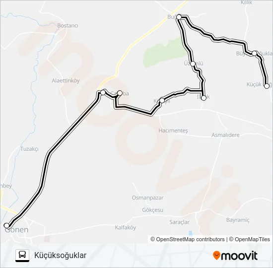 GÖNEN - TAŞTEPE - ÇALIOBA - KÖTEYLİ - ILICAK - ÜZÜMLÜ - BÜYÜKSOĞUKLAR - KÜÇÜKSOĞUKLAR Bus Line Map