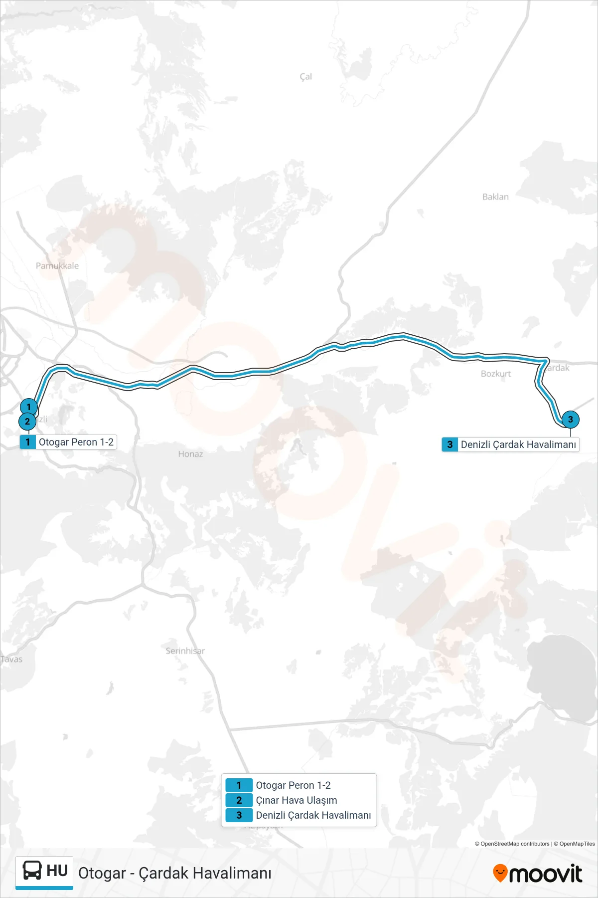 HU bus Line (Çardak Havalimanı) route and stops on a map