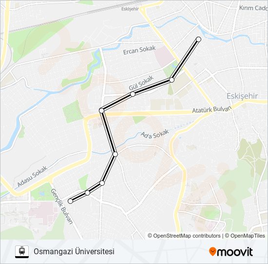 ÇARŞI - OSMANGAZI ÜNIVERSITESI tramvay Hattı Haritası