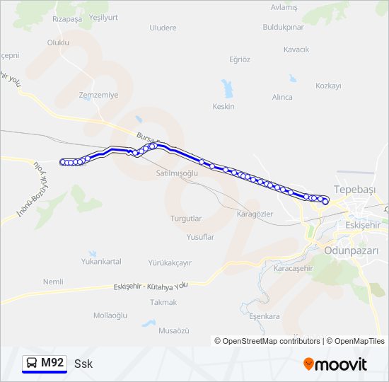 M92 otobüs Hattı Haritası