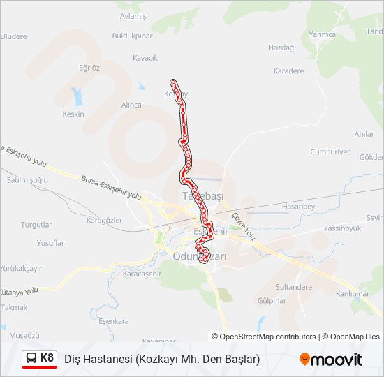 K8 otobüs Hattı Haritası