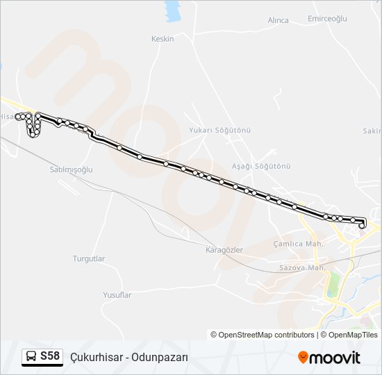 S58 otobüs Hattı Haritası