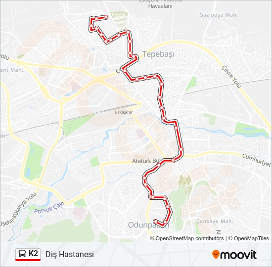 K2 otobüs Hattı Haritası