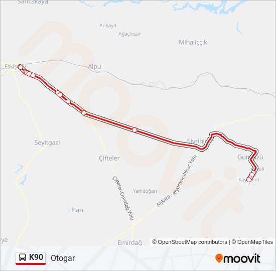 K90 otobüs Hattı Haritası