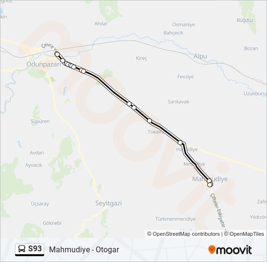 S93 otobüs Hattı Haritası