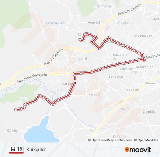 16 otobüs Hattı Haritası