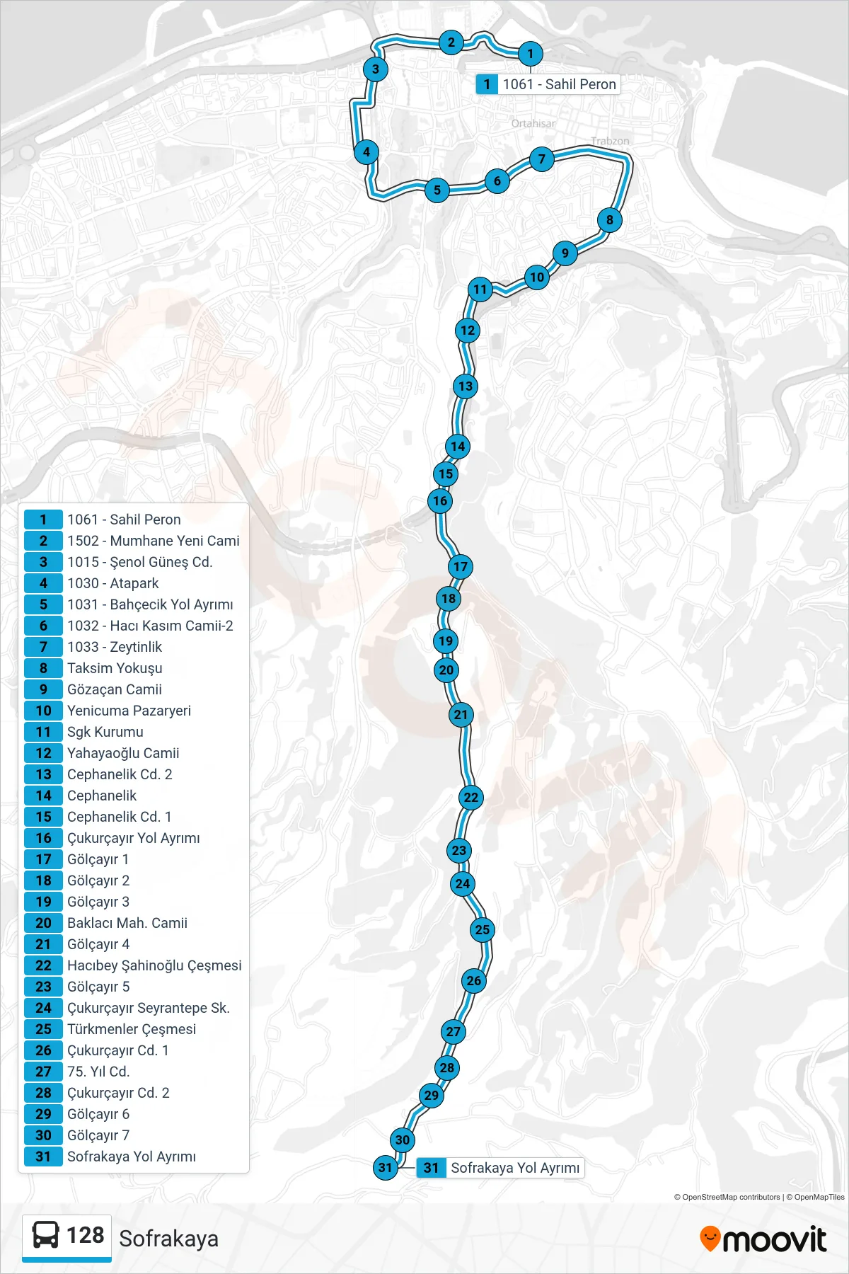 128 bus Line (Sofrakaya) route and stops on a map