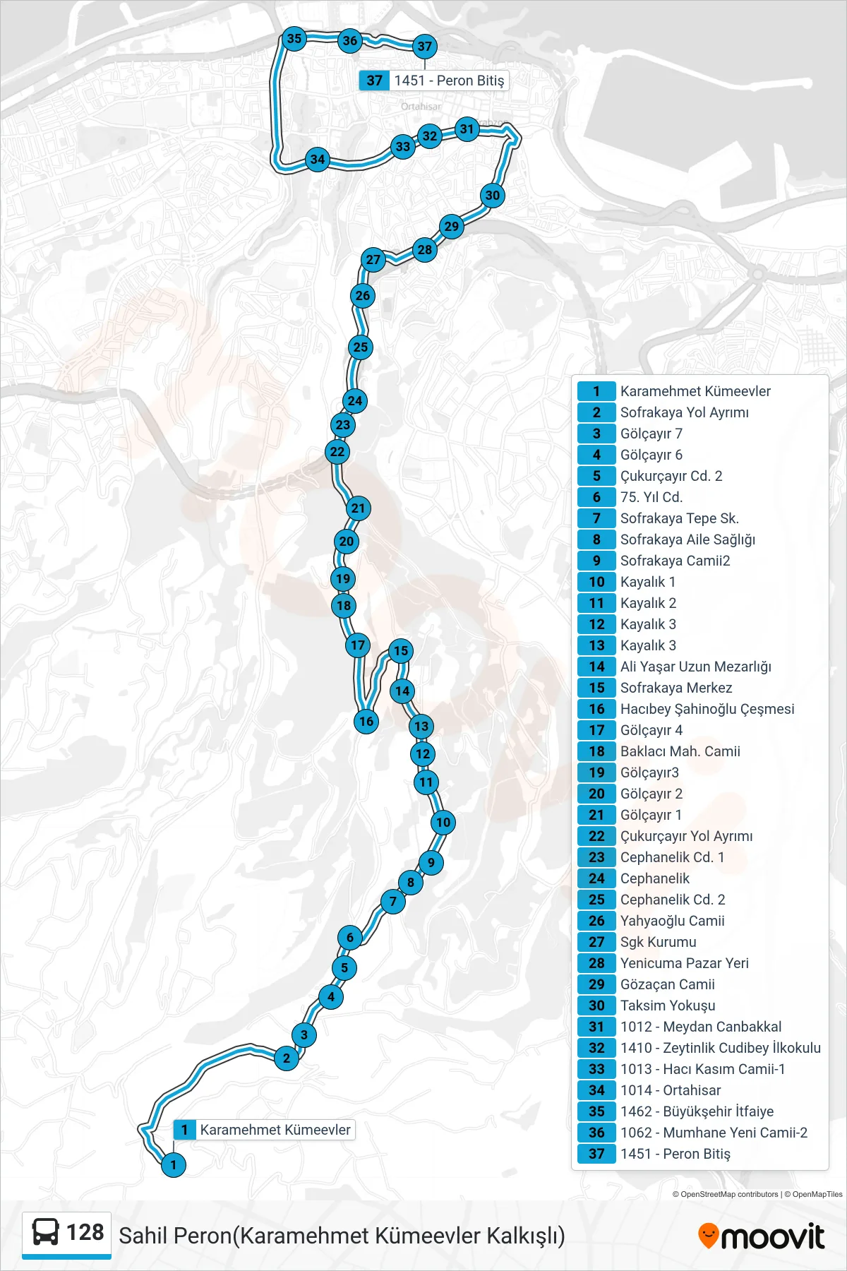 128 bus Line (Sahil Peron(Karamehmet Kümeevler Kalkışlı)) route and stops on a map