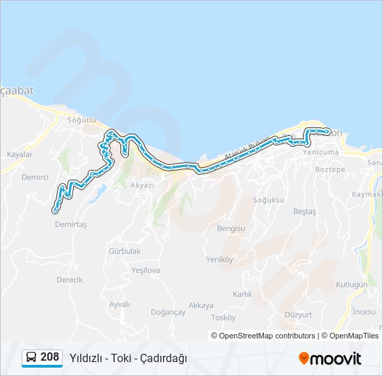 208 otobüs Hattı Haritası