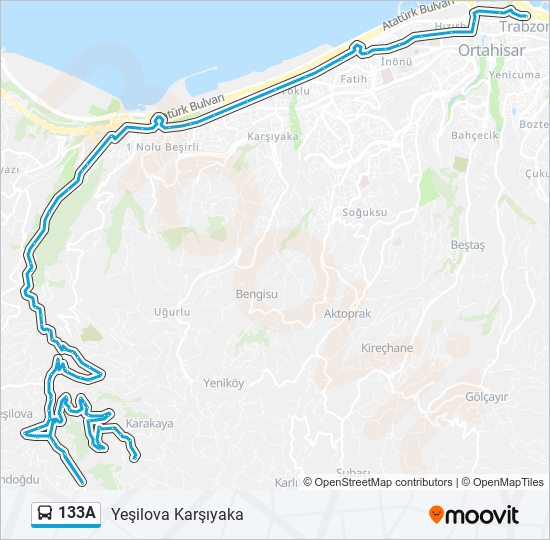 133A otobüs Hattı Haritası