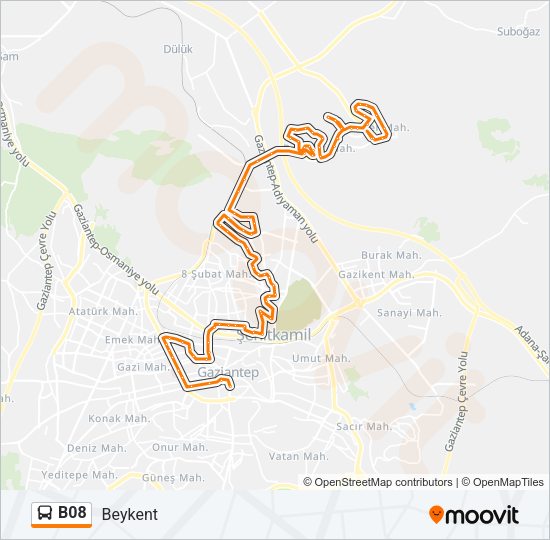 B08 otobüs Hattı Haritası