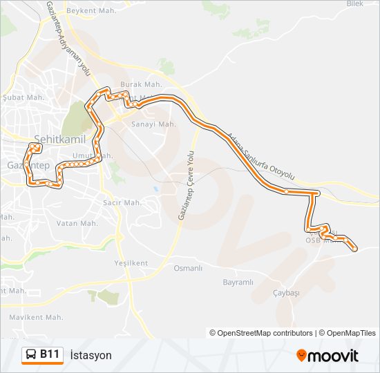 B11 otobüs Hattı Haritası