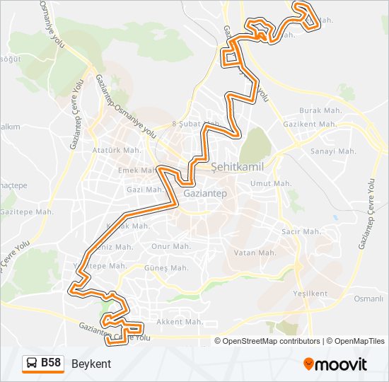 B58 otobüs Hattı Haritası