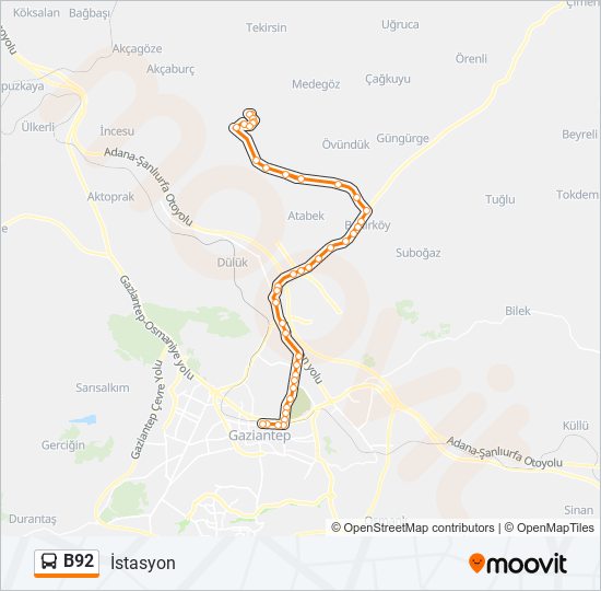 B92 otobüs Hattı Haritası