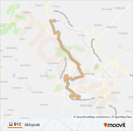 B12 otobüs Hattı Haritası
