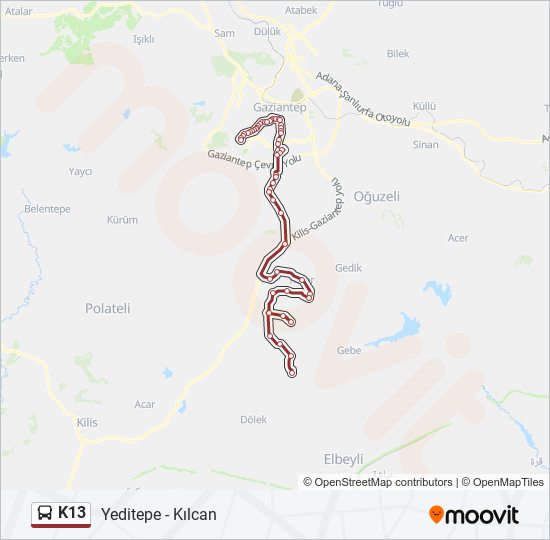 K13 otobüs Hattı Haritası