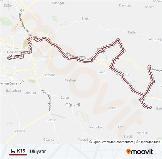 K19 otobüs Hattı Haritası