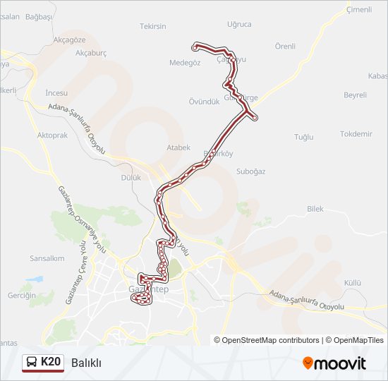 K20 otobüs Hattı Haritası