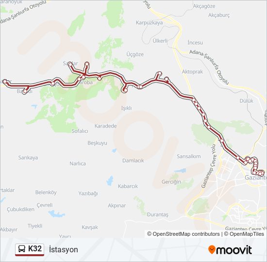 K32 otobüs Hattı Haritası