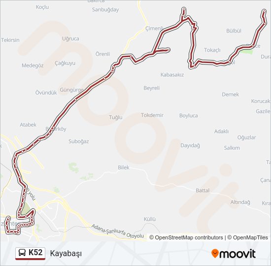 K52 otobüs Hattı Haritası