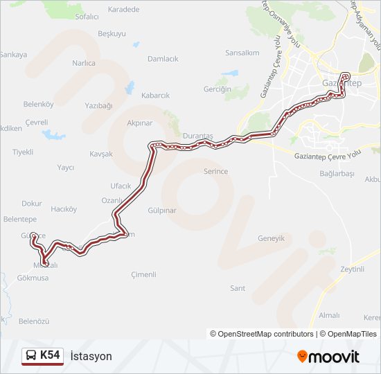 K54 otobüs Hattı Haritası