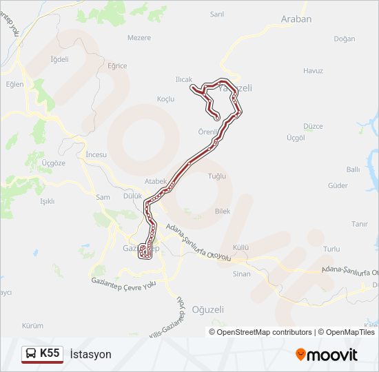 K55 otobüs Hattı Haritası