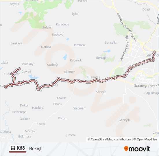 K68 otobüs Hattı Haritası