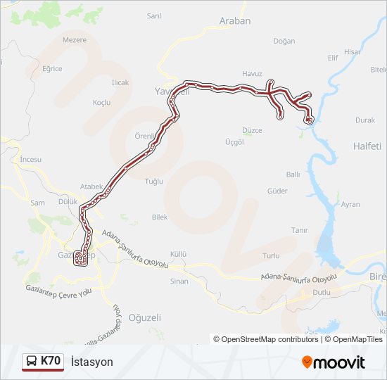 K70 otobüs Hattı Haritası