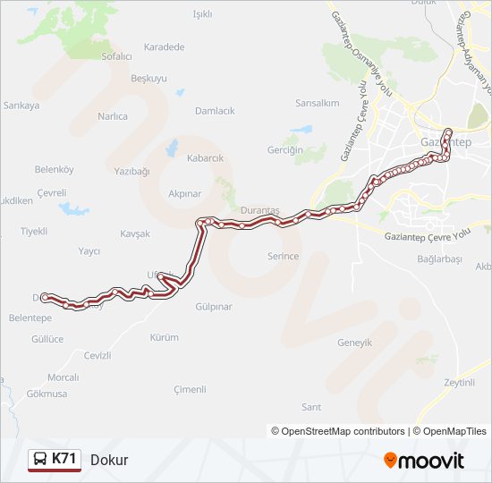 K71 otobüs Hattı Haritası