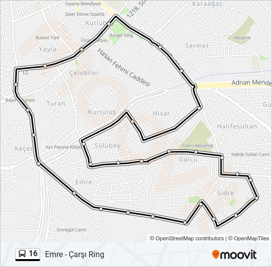 16 otobüs Hattı Haritası